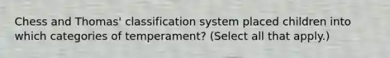 Chess and Thomas' classification system placed children into which categories of temperament? (Select all that apply.)