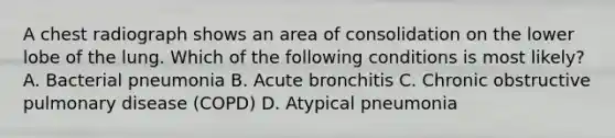 A chest radiograph shows an area of consolidation on the lower lobe of the lung. Which of the following conditions is most likely? A. Bacterial pneumonia B. Acute bronchitis C. Chronic obstructive pulmonary disease (COPD) D. Atypical pneumonia