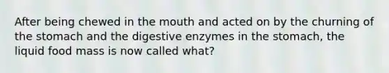 After being chewed in the mouth and acted on by the churning of the stomach and the digestive enzymes in the stomach, the liquid food mass is now called what?