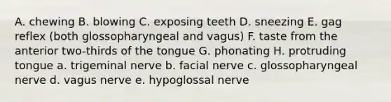 A. chewing B. blowing C. exposing teeth D. sneezing E. gag reflex (both glossopharyngeal and vagus) F. taste from the anterior two-thirds of the tongue G. phonating H. protruding tongue a. trigeminal nerve b. facial nerve c. glossopharyngeal nerve d. vagus nerve e. hypoglossal nerve