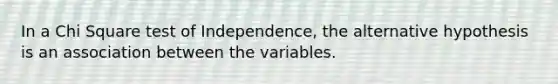 In a Chi Square test of Independence, the alternative hypothesis is an association between the variables.