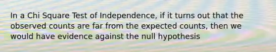 In a Chi Square Test of Independence, if it turns out that the observed counts are far from the expected counts, then we would have evidence against the null hypothesis