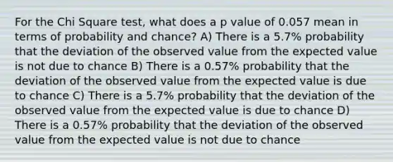 For the Chi Square test, what does a p value of 0.057 mean in terms of probability and chance? A) There is a 5.7% probability that the deviation of the observed value from the expected value is not due to chance B) There is a 0.57% probability that the deviation of the observed value from the expected value is due to chance C) There is a 5.7% probability that the deviation of the observed value from the expected value is due to chance D) There is a 0.57% probability that the deviation of the observed value from the expected value is not due to chance