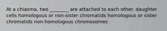 At a chiasma, two ________ are attached to each other. daughter cells homologous or non-sister chromatids homologous or sister chromatids non-homologous chromosomes