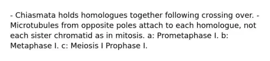 - Chiasmata holds homologues together following crossing over. - Microtubules from opposite poles attach to each homologue, not each sister chromatid as in mitosis. a: Prometaphase I. b: Metaphase I. c: Meiosis I Prophase I.