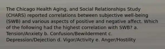 The Chicago Health Aging, and Social Relationships Study (CHARS) reported correlations between subjective well-being (SWB) and various aspects of positive and negative affect. Which of the following had the highest correlation with SWB? a. Tension/Anxiety b. Confusion/Bewilderment c. Depression/Dejection d. Vigor/Activity e. Anger/Hostility