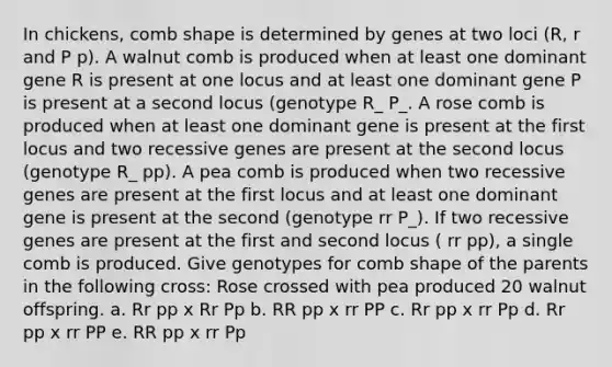 In chickens, comb shape is determined by genes at two loci (R, r and P p). A walnut comb is produced when at least one dominant gene R is present at one locus and at least one dominant gene P is present at a second locus (genotype R_ P_. A rose comb is produced when at least one dominant gene is present at the first locus and two recessive genes are present at the second locus (genotype R_ pp). A pea comb is produced when two recessive genes are present at the first locus and at least one dominant gene is present at the second (genotype rr P_). If two recessive genes are present at the first and second locus ( rr pp), a single comb is produced. Give genotypes for comb shape of the parents in the following cross: Rose crossed with pea produced 20 walnut offspring. a. Rr pp x Rr Pp b. RR pp x rr PP c. Rr pp x rr Pp d. Rr pp x rr PP e. RR pp x rr Pp