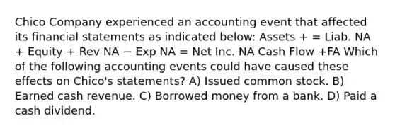 Chico Company experienced an accounting event that affected its financial statements as indicated below: Assets + = Liab. NA + Equity + Rev NA − Exp NA = Net Inc. NA Cash Flow +FA Which of the following accounting events could have caused these effects on Chico's statements? A) Issued common stock. B) Earned cash revenue. C) Borrowed money from a bank. D) Paid a cash dividend.