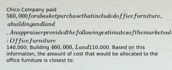 Chico Company paid 560,000 for a basket purchase that included office furniture, a building and land. An appraiser provided the following estimates of the market values of the assets if they had been purchased separately: Office furniture140,000; Building 460,000, Land110,000. Based on this information, the amount of cost that would be allocated to the office furniture is closest to: