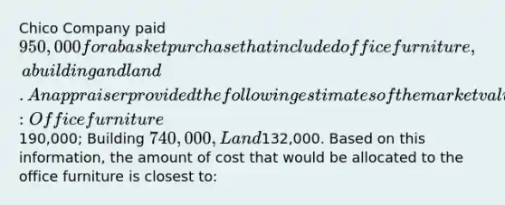 Chico Company paid 950,000 for a basket purchase that included office furniture, a building and land. An appraiser provided the following estimates of the market values of the assets if they had been purchased separately: Office furniture190,000; Building 740,000, Land132,000. Based on this information, the amount of cost that would be allocated to the office furniture is closest to: