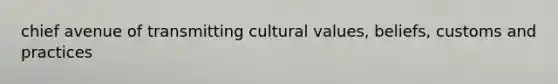 chief avenue of transmitting cultural values, beliefs, customs and practices