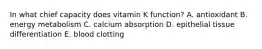 In what chief capacity does vitamin K function? A. antioxidant B. energy metabolism C. calcium absorption D. epithelial tissue differentiation E. blood clotting