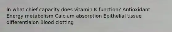 In what chief capacity does vitamin K function? Antioxidant Energy metabolism Calcium absorption Epithelial tissue differentiaion Blood clotting