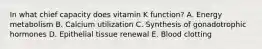 In what chief capacity does vitamin K function? A. Energy metabolism B. Calcium utilization C. Synthesis of gonadotrophic hormones D. Epithelial tissue renewal E. Blood clotting