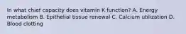 In what chief capacity does vitamin K function? A. Energy metabolism B. Epithelial tissue renewal C. Calcium utilization D. Blood clotting