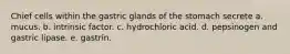 Chief cells within the gastric glands of the stomach secrete a. mucus. b. intrinsic factor. c. hydrochloric acid. d. pepsinogen and gastric lipase. e. gastrin.