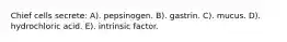 Chief cells secrete: A). pepsinogen. B). gastrin. C). mucus. D). hydrochloric acid. E). intrinsic factor.