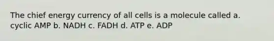 The chief energy currency of all cells is a molecule called a. cyclic AMP b. NADH c. FADH d. ATP e. ADP