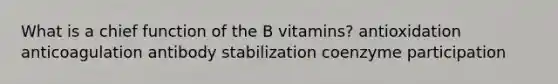 What is a chief function of the B vitamins? antioxidation anticoagulation antibody stabilization coenzyme participation