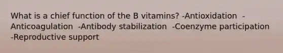 What is a chief function of the B vitamins? -Antioxidation ​ -Anticoagulation ​ -Antibody stabilization ​ -Coenzyme participation -Reproductive support​