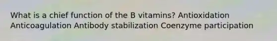 What is a chief function of the B vitamins? Antioxidation Anticoagulation Antibody stabilization Coenzyme participation