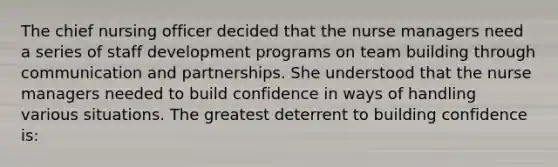 The chief nursing officer decided that the nurse managers need a series of staff development programs on team building through communication and partnerships. She understood that the nurse managers needed to build confidence in ways of handling various situations. The greatest deterrent to building confidence is: