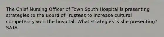 The Chief Nursing Officer of Town South Hospital is presenting strategies to the Board of Trustees to increase cultural competency w/in the hospital. What strategies is she presenting? SATA