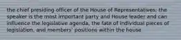 the chief presiding officer of the House of Representatives; the speaker is the most important party and House leader and can influence the legislative agenda, the fate of individual pieces of legislation, and members' positions within the house