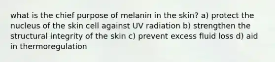 what is the chief purpose of melanin in the skin? a) protect the nucleus of the skin cell against UV radiation b) strengthen the structural integrity of the skin c) prevent excess fluid loss d) aid in thermoregulation