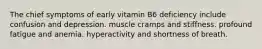 The chief symptoms of early vitamin B6 deficiency include confusion and depression. muscle cramps and stiffness. profound fatigue and anemia. hyperactivity and shortness of breath.