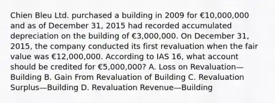 Chien Bleu Ltd. purchased a building in 2009 for €10,000,000 and as of December 31, 2015 had recorded accumulated depreciation on the building of €3,000,000. On December 31, 2015, the company conducted its first revaluation when the fair value was €12,000,000. According to IAS 16, what account should be credited for €5,000,000? A. Loss on Revaluation—Building B. Gain From Revaluation of Building C. Revaluation Surplus—Building D. Revaluation Revenue—Building