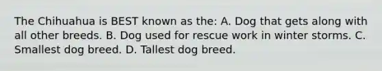 The Chihuahua is BEST known as the: A. Dog that gets along with all other breeds. B. Dog used for rescue work in winter storms. C. Smallest dog breed. D. Tallest dog breed.