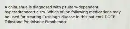 A chihuahua is diagnosed with pituitary-dependent hyperadrenocorticism. Which of the following medications may be used for treating Cushing's disease in this patient? DOCP Trilostane Prednisone Pimobendan