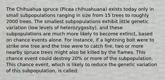 The Chihuahua spruce (Picea chihuahuana) exists today only in small subpopulations ranging in size from 15 trees to roughly 2000 trees. The smallest subpopulations exhibit little genetic variation (low levels of heterozygosity), and these subpopulations are much more likely to become extinct, based on chance events alone. For instance, if a lightning bolt were to strike one tree and the tree were to catch fire, two or more nearby spruce trees might also be killed by the flames. This chance event could destroy 20% or more of the subpopulation. This chance event, which is likely to reduce the genetic variation of this subpopulation, is called: