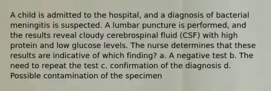 A child is admitted to the hospital, and a diagnosis of bacterial meningitis is suspected. A lumbar puncture is performed, and the results reveal cloudy cerebrospinal fluid (CSF) with high protein and low glucose levels. The nurse determines that these results are indicative of which finding? a. A negative test b. The need to repeat the test c. confirmation of the diagnosis d. Possible contamination of the specimen