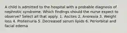 A child is admitted to the hospital with a probable diagnosis of nephrotic syndrome. Which findings should the nurse expect to observe? Select all that apply. 1. Ascites 2. Anorexia 3. Weight loss 4. Proteinuria 5. Decreased serum lipids 6. Periorbital and facial edema