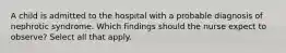 A child is admitted to the hospital with a probable diagnosis of nephrotic syndrome. Which findings should the nurse expect to observe? Select all that apply.