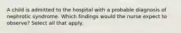 A child is admitted to the hospital with a probable diagnosis of nephrotic syndrome. Which findings would the nurse expect to observe? Select all that apply.