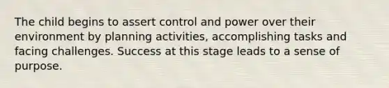 The child begins to assert control and power over their environment by planning activities, accomplishing tasks and facing challenges. Success at this stage leads to a sense of purpose.