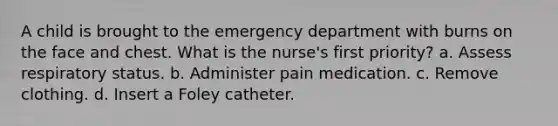 A child is brought to the emergency department with burns on the face and chest. What is the nurse's first priority? a. Assess respiratory status. b. Administer pain medication. c. Remove clothing. d. Insert a Foley catheter.