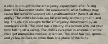 A child is brought to the emergency department after falling down the basement stairs. On assessment, what findings may cause the nurse to suspect child maltreatment? (Select all that apply.) The child's bruises are located only on the right arm and leg. The child is brought to the emergency department by an unrelated adult. The child has a history of a broken arm last year from falling off a swing. The child's caregiver is anxious that the child get immediate medical attention. The child has red, green, and yellow bruises on more than one plane of the body.