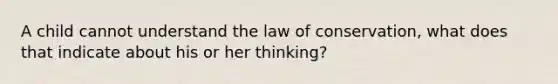 A child cannot understand the law of conservation, what does that indicate about his or her thinking?