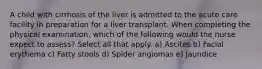 A child with cirrhosis of the liver is admitted to the acute care facility in preparation for a liver transplant. When completing the physical examination, which of the following would the nurse expect to assess? Select all that apply. a) Ascites b) Facial erythema c) Fatty stools d) Spider angiomas e) Jaundice