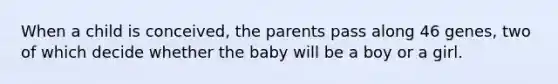 When a child is conceived, the parents pass along 46 genes, two of which decide whether the baby will be a boy or a girl.