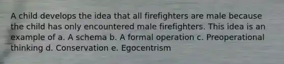 A child develops the idea that all firefighters are male because the child has only encountered male firefighters. This idea is an example of a. A schema b. A formal operation c. Preoperational thinking d. Conservation e. Egocentrism