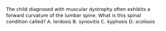 The child diagnosed with muscular dystrophy often exhibits a forward curvature of the lumbar spine. What is this spinal condition called? A. lordosis B. synovitis C. kyphosis D. scoliosis