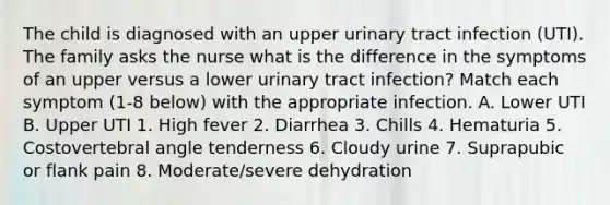 The child is diagnosed with an upper urinary tract infection (UTI). The family asks the nurse what is the difference in the symptoms of an upper versus a lower urinary tract infection? Match each symptom (1-8 below) with the appropriate infection. A. Lower UTI B. Upper UTI 1. High fever 2. Diarrhea 3. Chills 4. Hematuria 5. Costovertebral angle tenderness 6. Cloudy urine 7. Suprapubic or flank pain 8. Moderate/severe dehydration