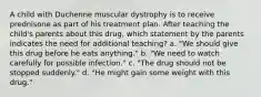 A child with Duchenne muscular dystrophy is to receive prednisone as part of his treatment plan. After teaching the child's parents about this drug, which statement by the parents indicates the need for additional teaching? a. "We should give this drug before he eats anything." b. "We need to watch carefully for possible infection." c. "The drug should not be stopped suddenly." d. "He might gain some weight with this drug."