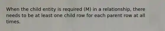 When the child entity is required (M) in a relationship, there needs to be at least one child row for each parent row at all times.