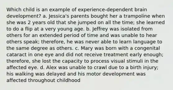 Which child is an example of experience-dependent brain development? a. Jessica's parents bought her a trampoline when she was 2 years old that she jumped on all the time; she learned to do a flip at a very young age. b. Jeffrey was isolated from others for an extended period of time and was unable to hear others speak; therefore, he was never able to learn language to the same degree as others. c. Mary was born with a congenital cataract in one eye and did not receive treatment early enough; therefore, she lost the capacity to process visual stimuli in the affected eye. d. Alex was unable to crawl due to a birth injury; his walking was delayed and his motor development was affected throughout childhood